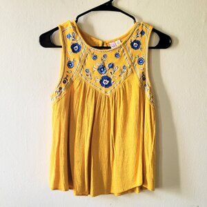 Yellow Embroidered Floral Tank High Neck Size XS